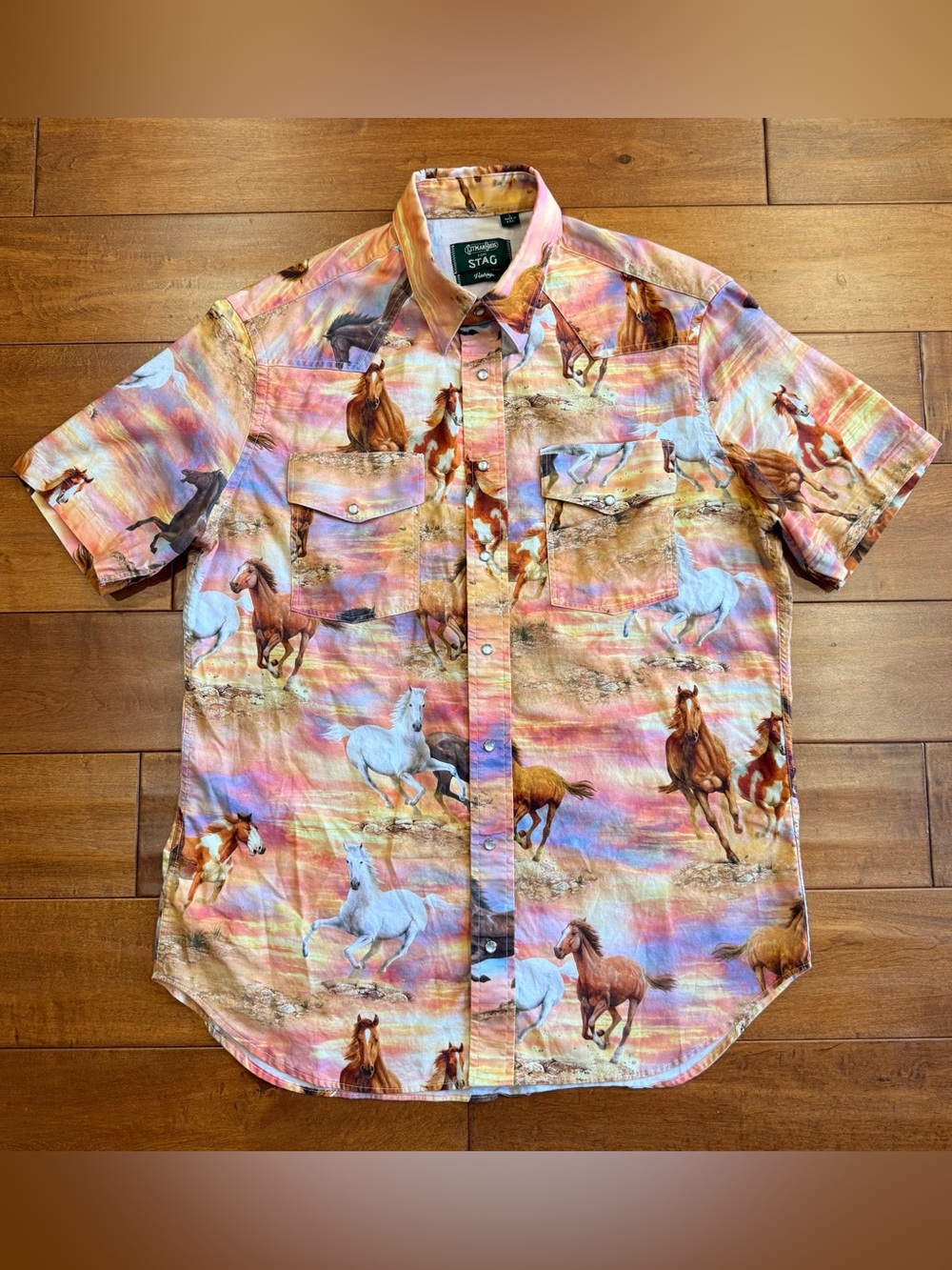 Gitman Bros Vintage for STAG Western Snap Orange Sunset Horse Pattern - L